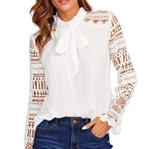 Women's Long Sleeve Ruffle collar Lace Chiffon Top